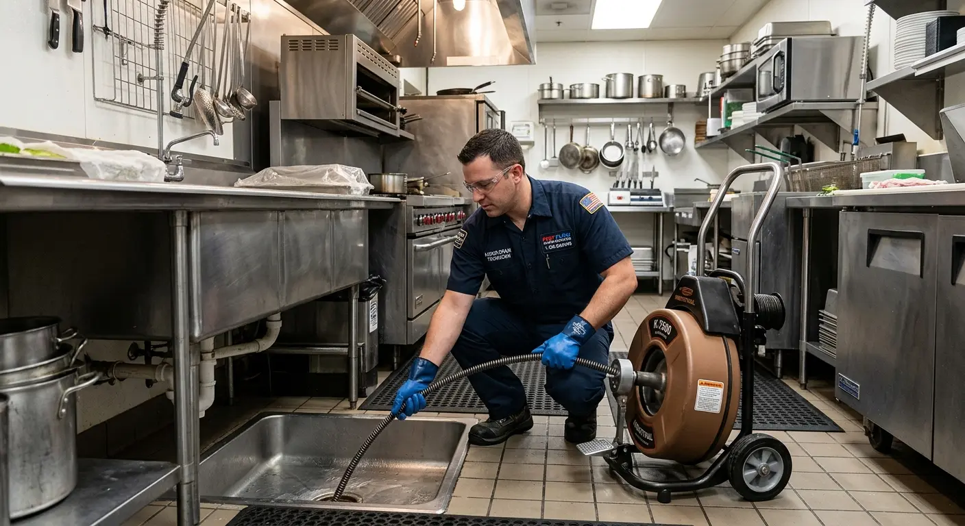 Commercial drain cleaning service in a restaurant kitchen in Wauseon