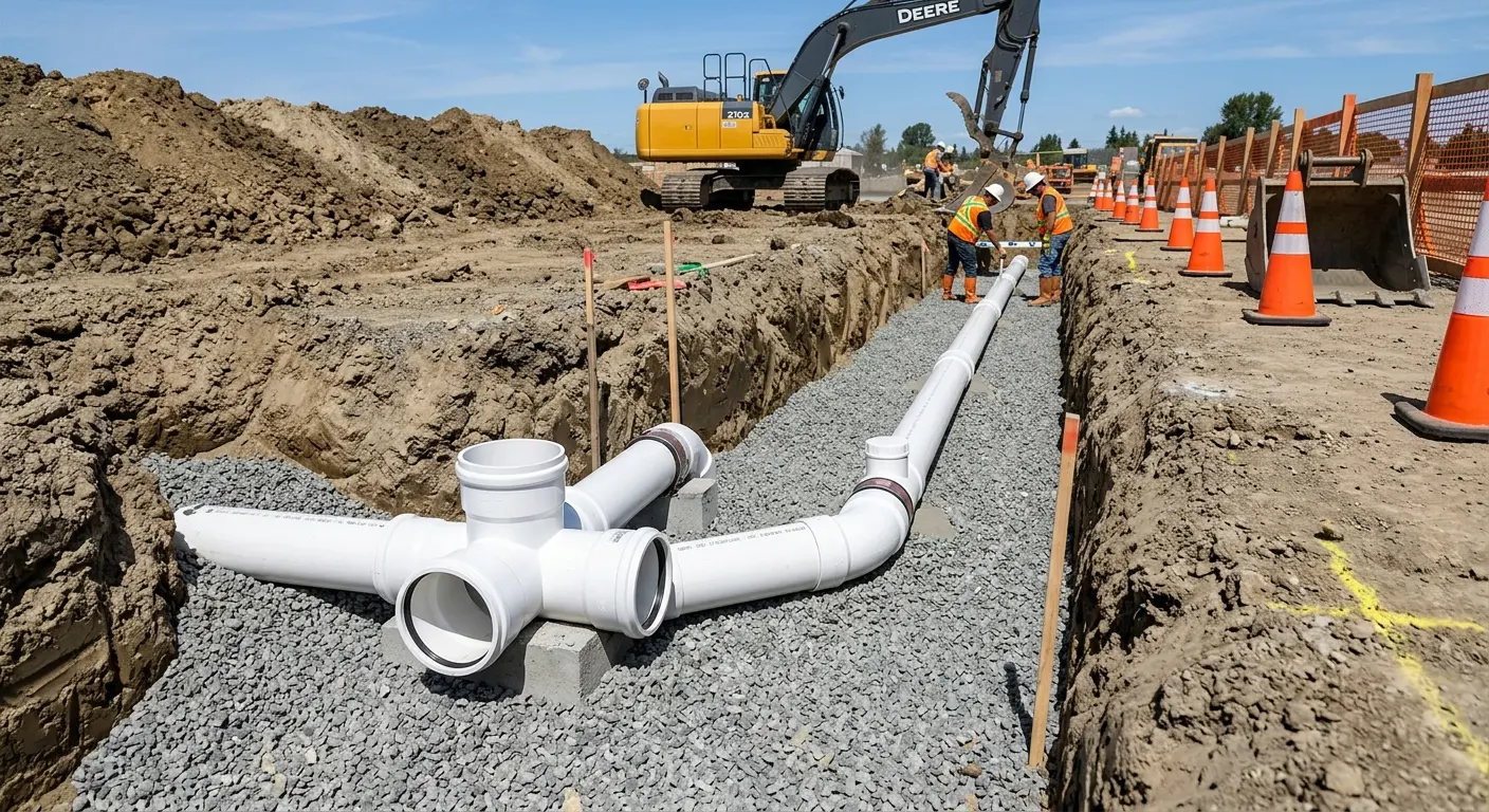 New PVC sewer pipe installation in open trench for Grease Trap Cleaning in Wauseon