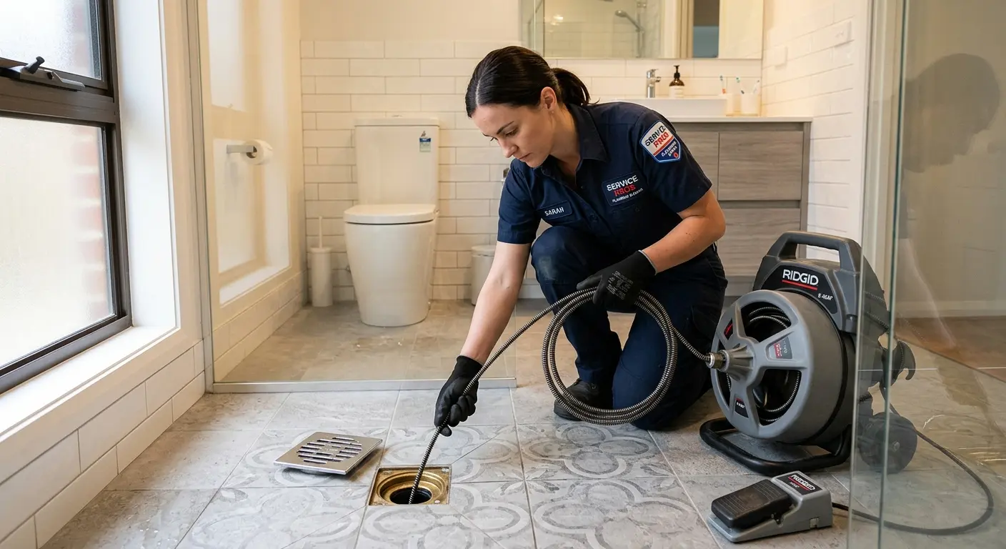 Technician clearing a bathroom floor drain for Sewer Line Installation in Wauseon